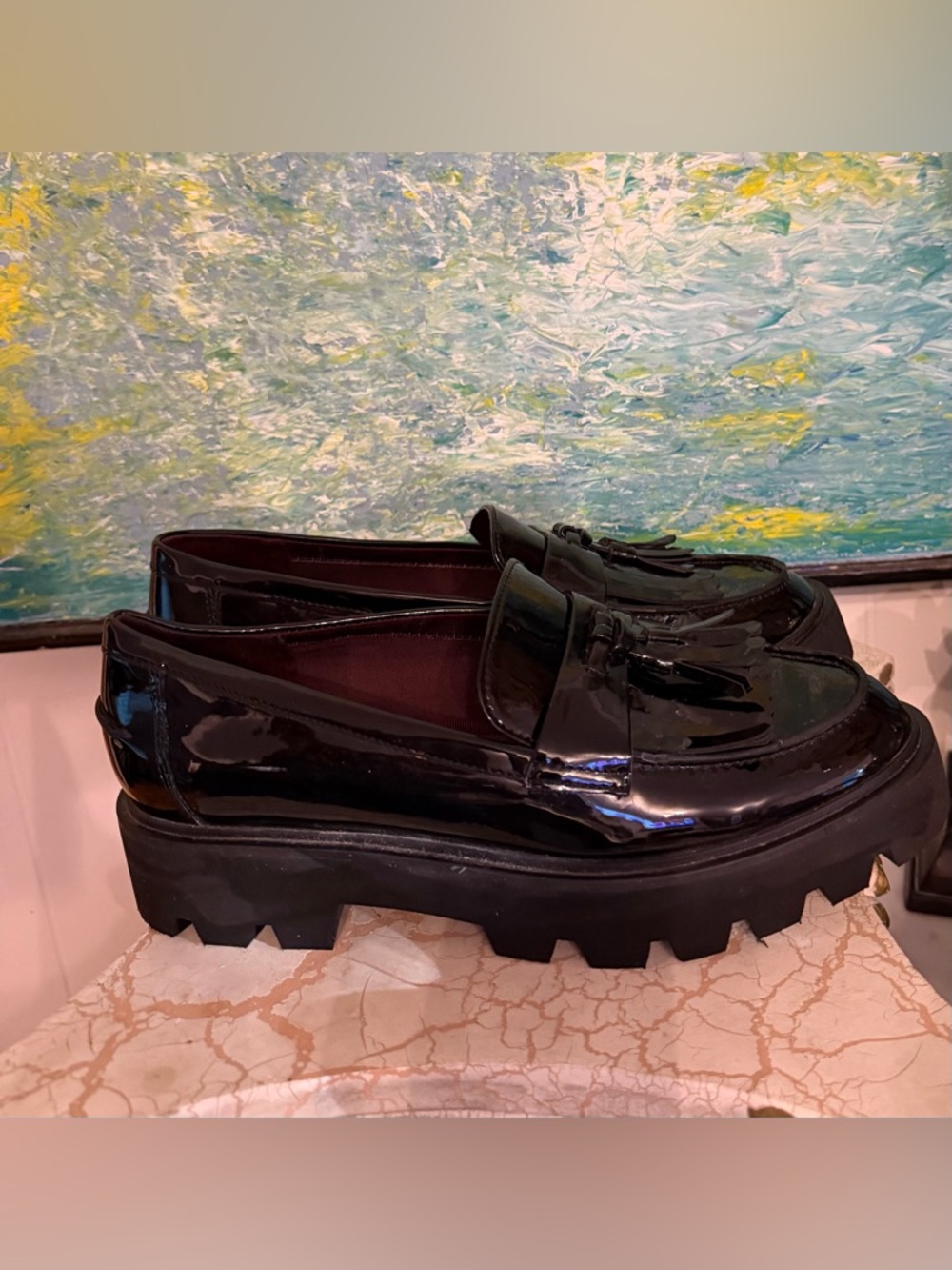 Franco Sarto Black Patent Kiltie Tassel Loafers